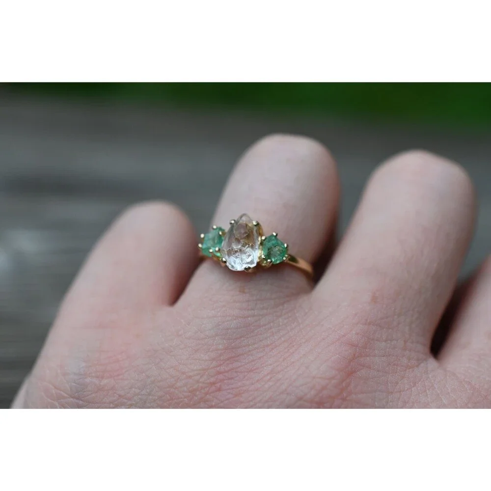 Engagement ring Raw emerald , raw Lake County diamond ring  size 4 5 6  7 8 9 10
